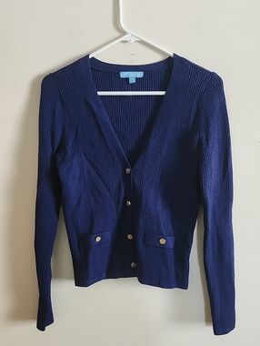 Draper James Classic Blue gold Detail Ribbed V-Neck Cardigan Sweater Stretch